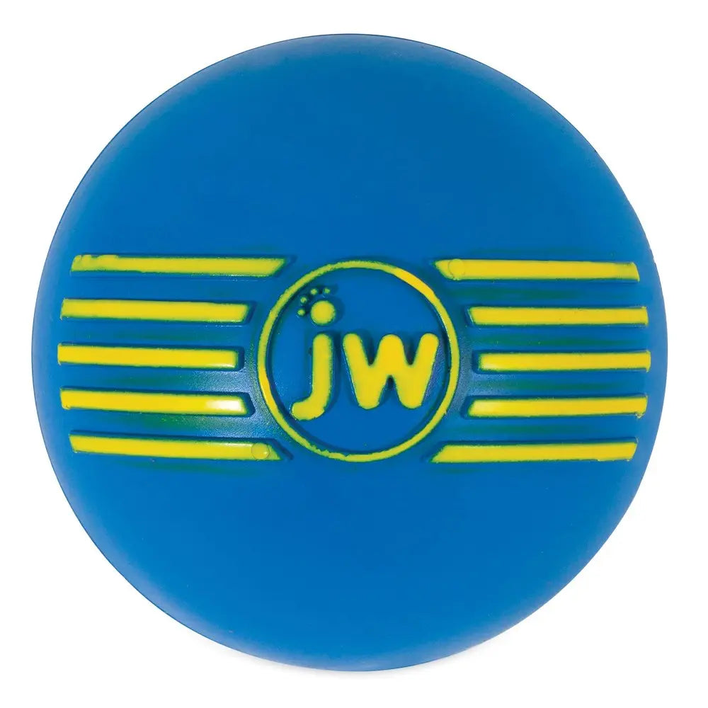 Blue rubber dog ball with yellow stripes and JW logo for interactive playtime.