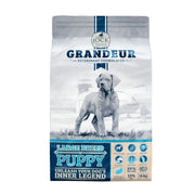 Large breed puppy food bag with nutritional information and a dog image on the packaging.