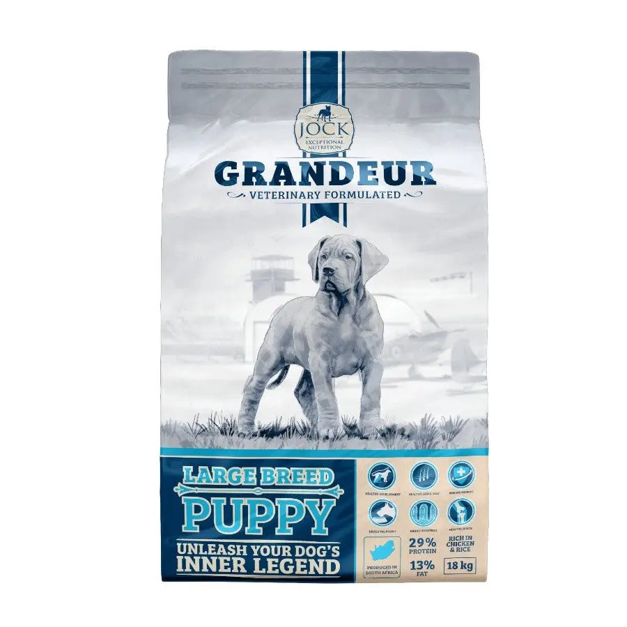 Large breed puppy food bag with nutritional information and a dog image on the packaging.
