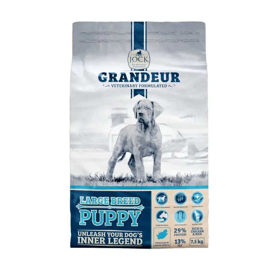 Large breed puppy food bag with nutritional information and a dog image on the packaging.