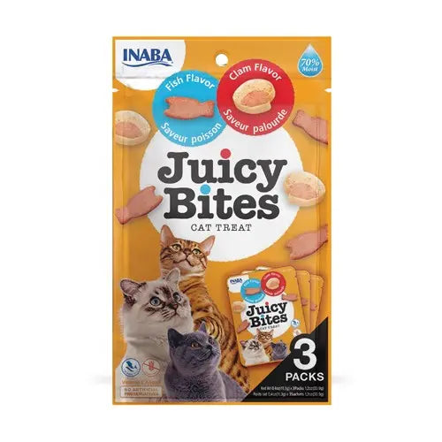 Juicy Bites cat treats in fish and clam flavors, perfect for rewarding your feline friends.