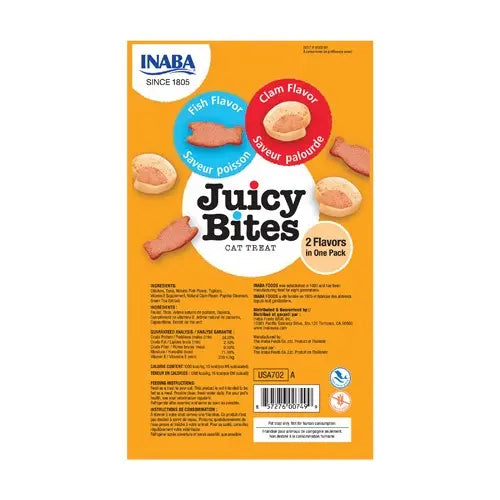 Juicy Bites cat treats packaging featuring fish and clam flavors with ingredient details.