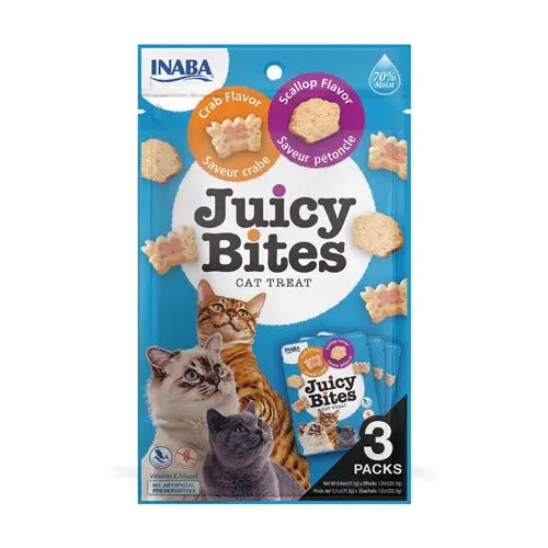 Juicy Bites cat treats in crab and scallop flavors, featuring three convenient packs for feline enjoyment.