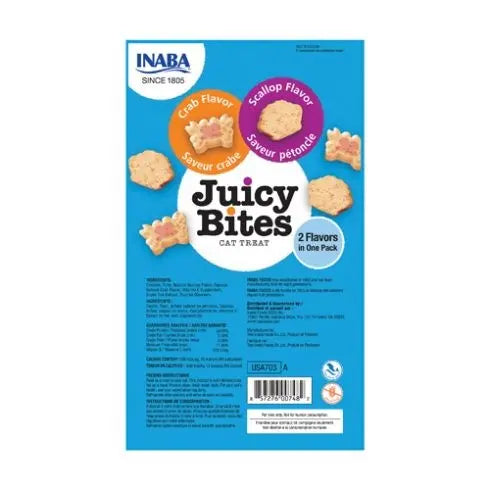 Juicy Bites cat treats featuring crab and scallop flavors in a colorful packaging design.