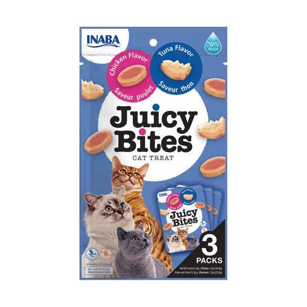 Juicy Bites cat treats in chicken and tuna flavors, featuring three convenient packs for feline enjoyment.