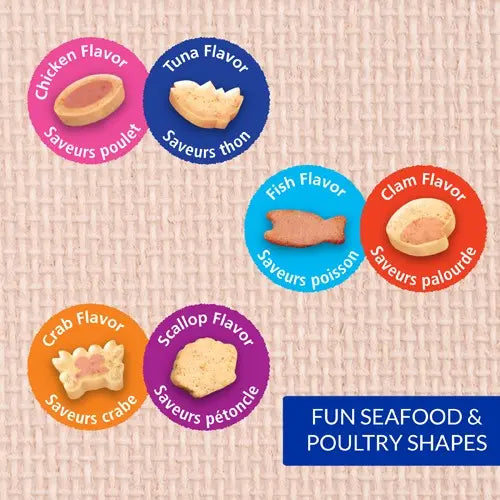Colorful pet treat packaging showcasing various seafood and poultry flavors with fun shapes.