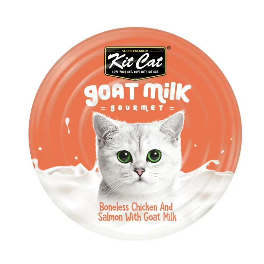 Kit Cat gourmet goat milk cat food with boneless chicken and salmon, featuring a playful cat design.