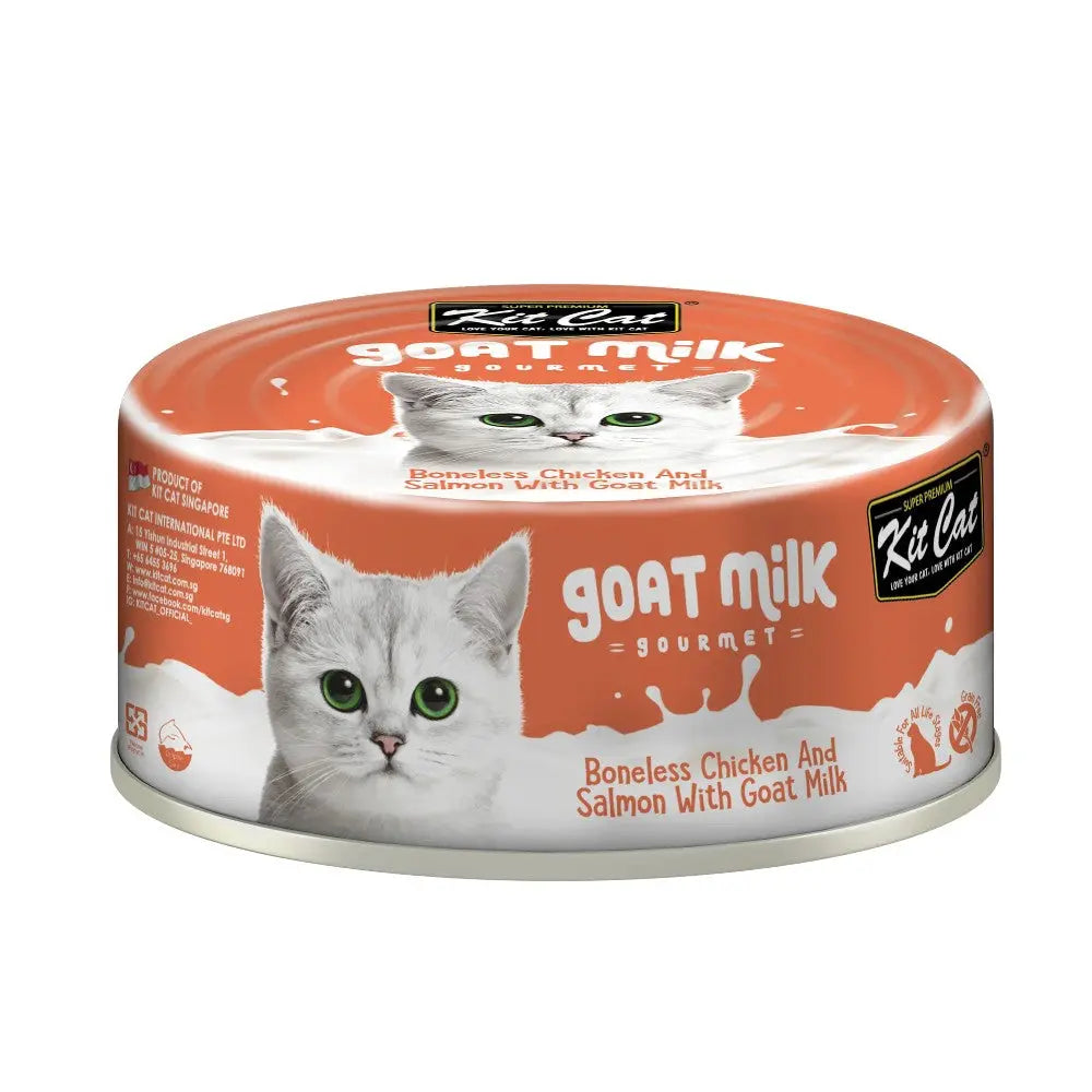 Gourmet cat food can featuring boneless chicken, salmon, and goat milk for a nutritious meal.