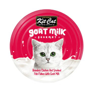 Kit Cat gourmet goat milk cat food with boneless chicken and smoked fish flakes in a vibrant packaging.