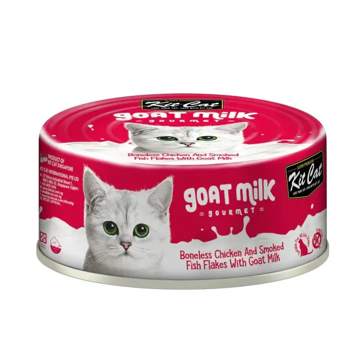 Gourmet cat food can featuring boneless chicken, smoked fish flakes, and goat milk for a tasty meal.