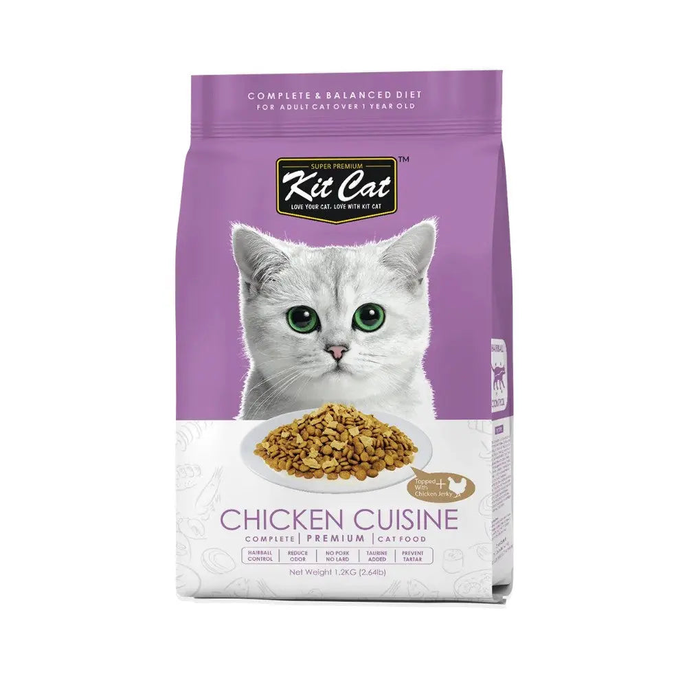 Kit Cat Chicken Cuisine cat food bag featuring a balanced diet for adult cats with a playful kitten design.