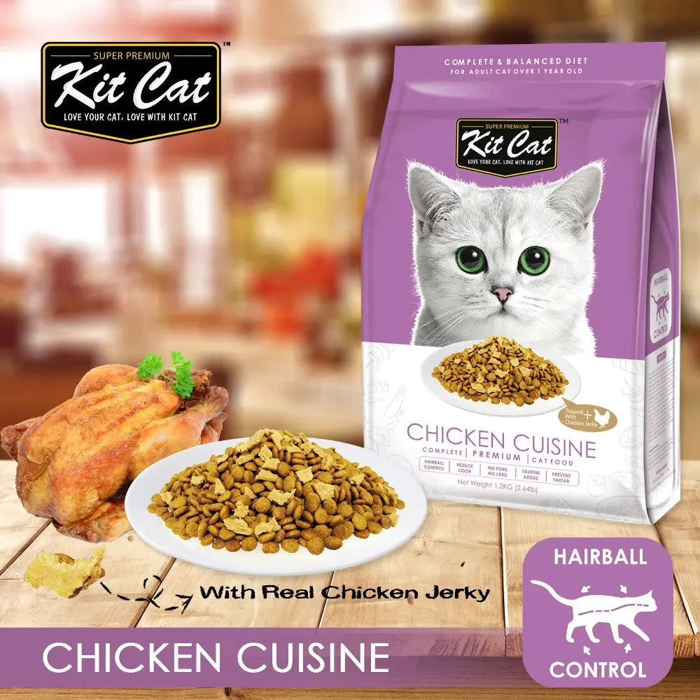 Kit Cat Chicken Cuisine cat food with real chicken jerky for hairball control and balanced nutrition.