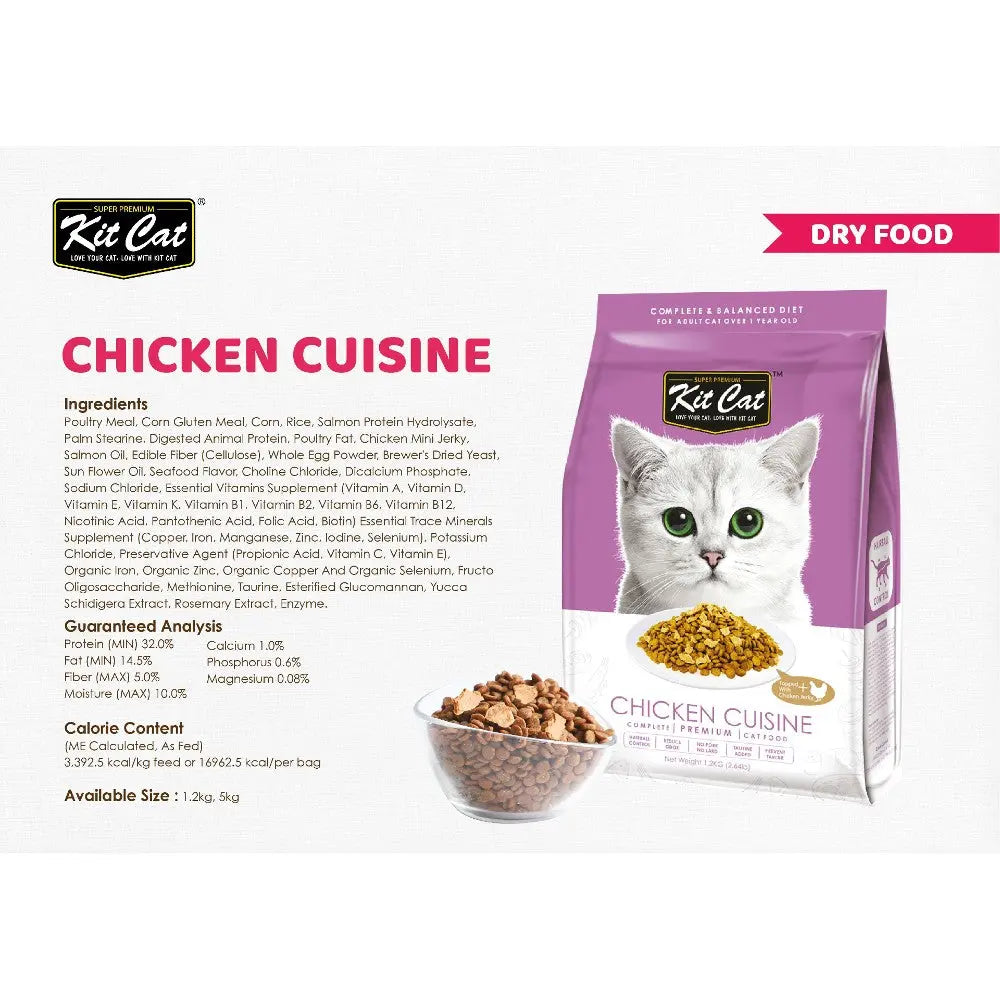 Kit Cat Chicken Cuisine dry food bag with ingredients and feeding guide for balanced pet nutrition.