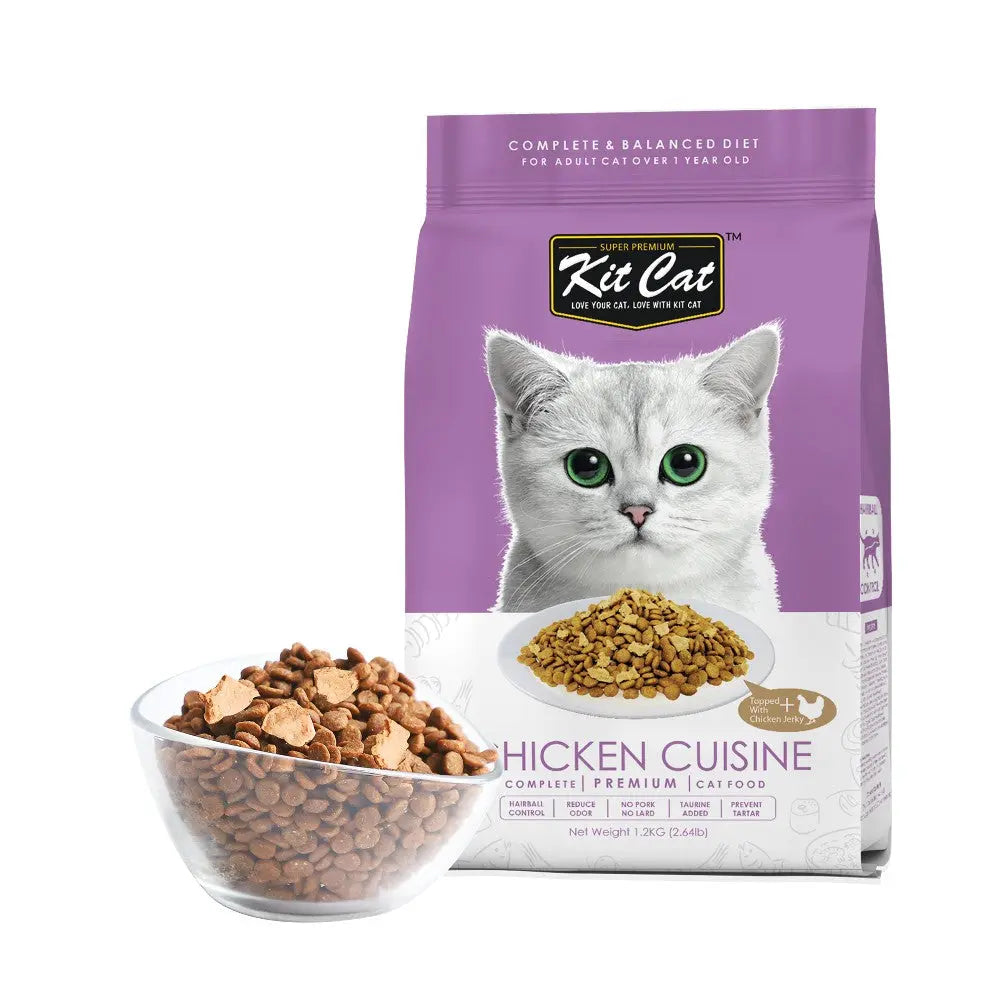 Kit Cat Chicken Cuisine cat food bag with kibble in a bowl, designed for adult cats over one year old.