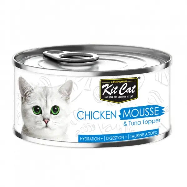 Kit Cat Chicken Mousse & Tuna Topper can, promoting hydration and digestion for cats.