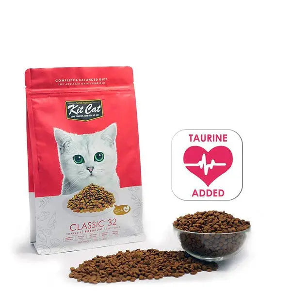 Kit Cat Classic 32 cat food bag with kibble and taurine health benefits infographic.