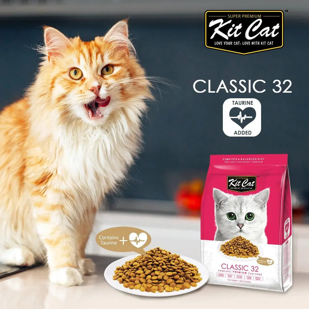 Orange cat with Kit Cat Classic 32 food bag, showcasing premium cat nutrition with added taurine.