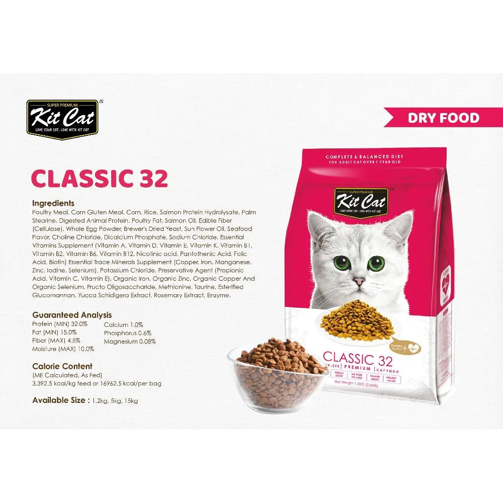 Kit Cat Classic 32 dry cat food bag with ingredients and nutritional information displayed.