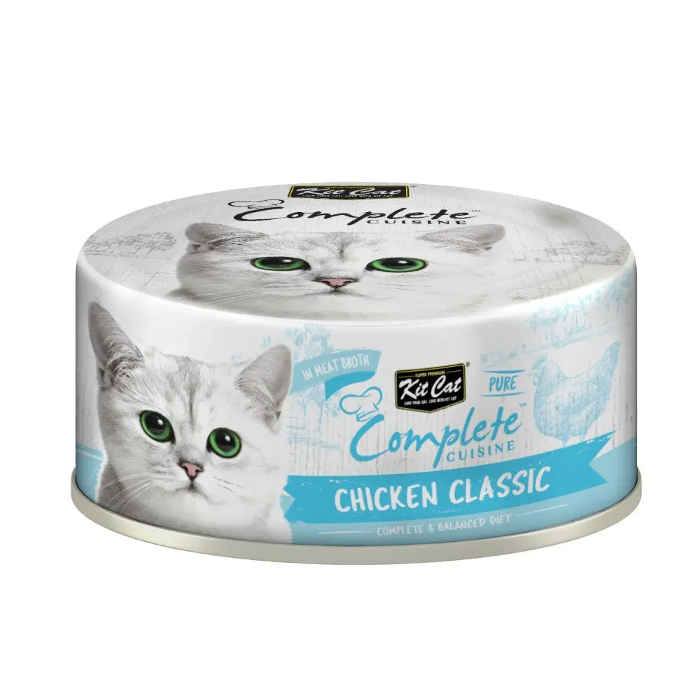 Cat food can, chicken flavor, complete nutrition, balanced diet, pet meal, Ki Cat brand.