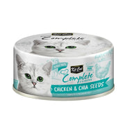 Ki Cat Complete Cuisine chicken and chia seeds cat food can, featuring a balanced diet for pets.