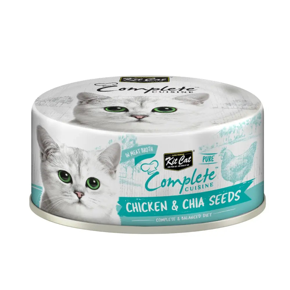 Ki Cat Complete Cuisine chicken and chia seeds cat food can, featuring a balanced diet for pets.