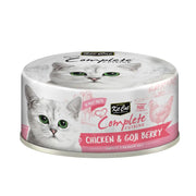 Cat food can with chicken and goji berry, featuring a cute cat design and balanced nutrition.