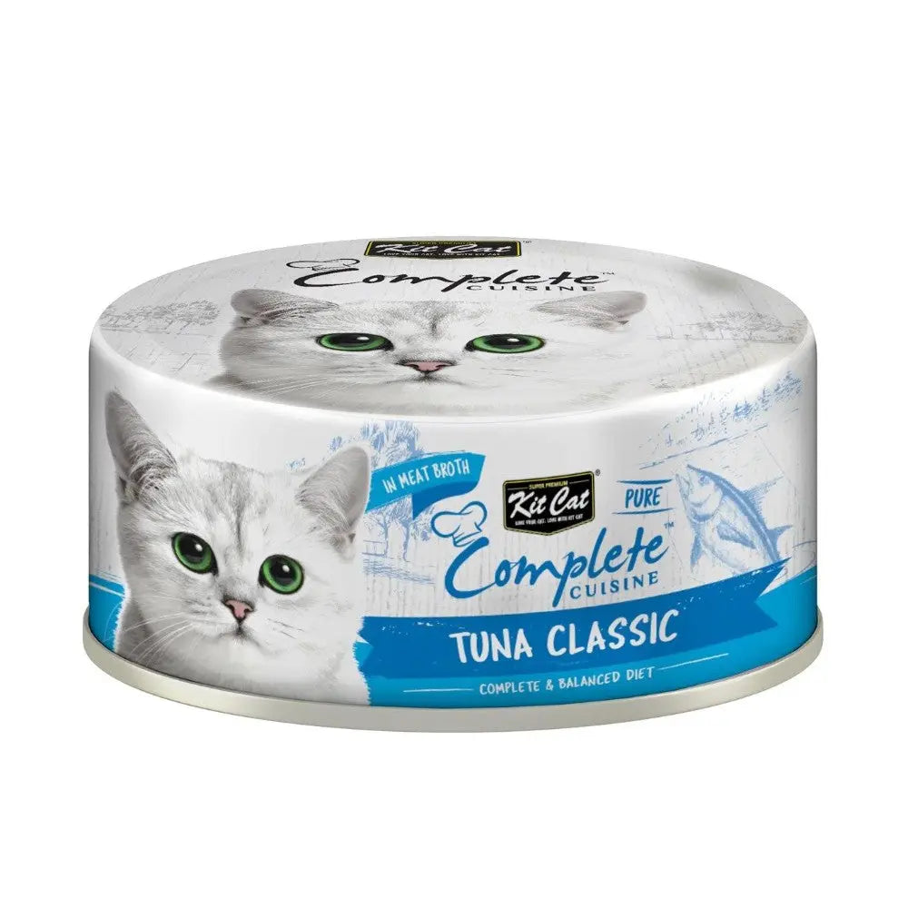 Kit Cat Complete Cuisine Tuna Classic cat food can, featuring a cat and a balanced diet label.