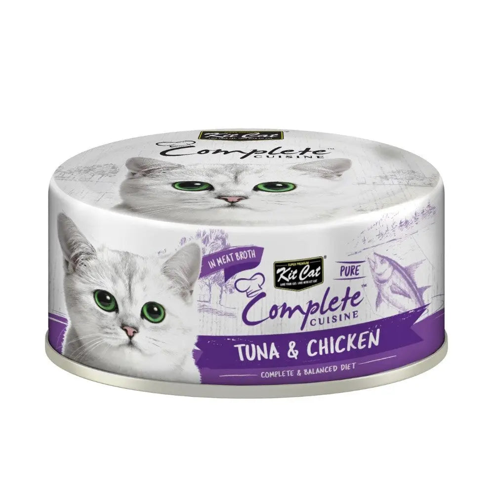 Tuna and chicken cat food in a convenient can, featuring a balanced diet for healthy pets.