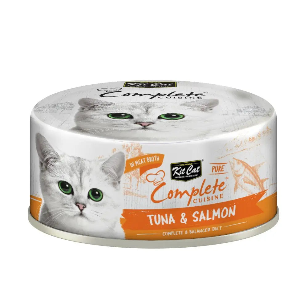 Tuna and salmon cat food in a convenient can, featuring a playful cat design and balanced nutrition.