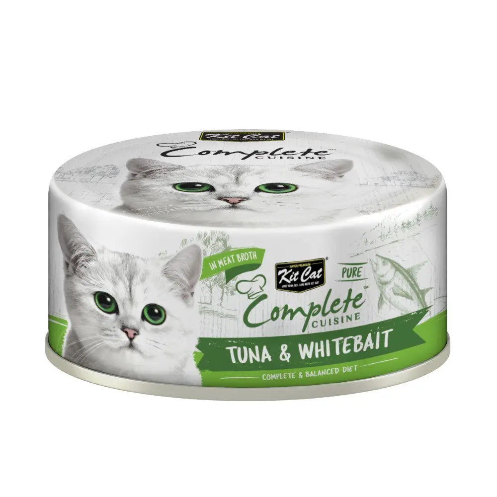 Tuna and whitebait cat food in broth, featuring a cat on the packaging for a complete diet.