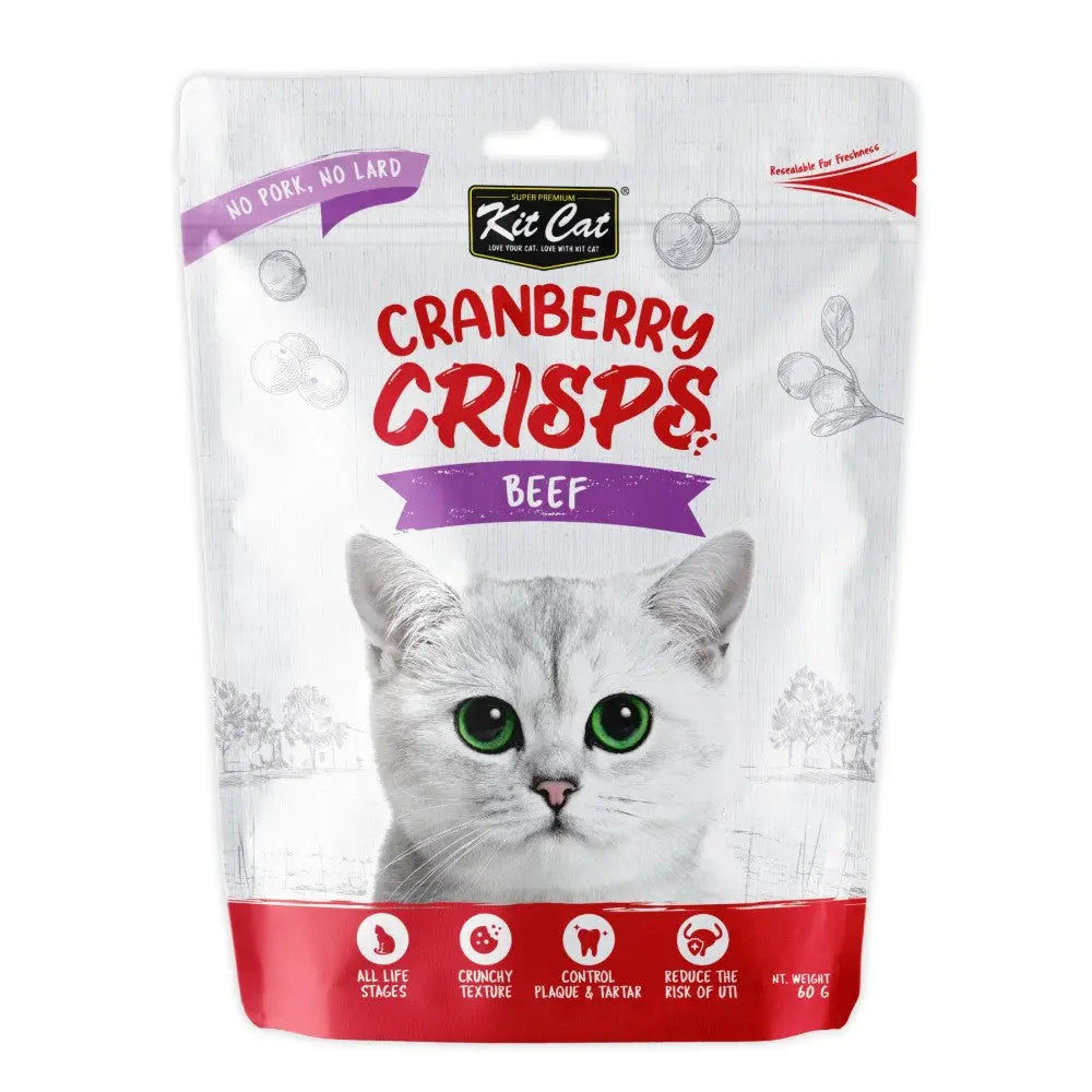 Beef-flavored cat treats in a resealable bag, promoting dental health and suitable for all life stages.