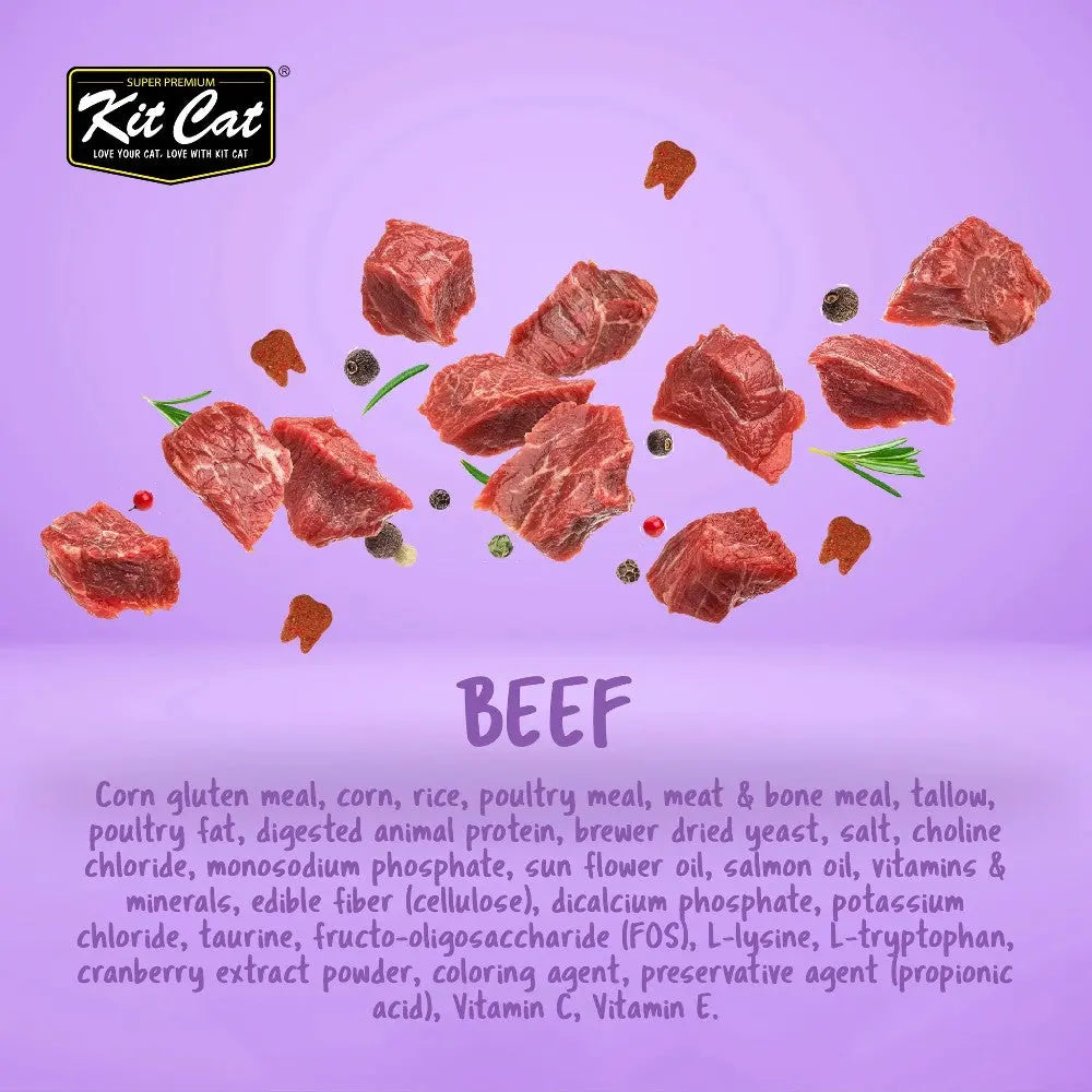 Beef ingredients for pet food, featuring meat chunks and nutritional additives on a vibrant background.