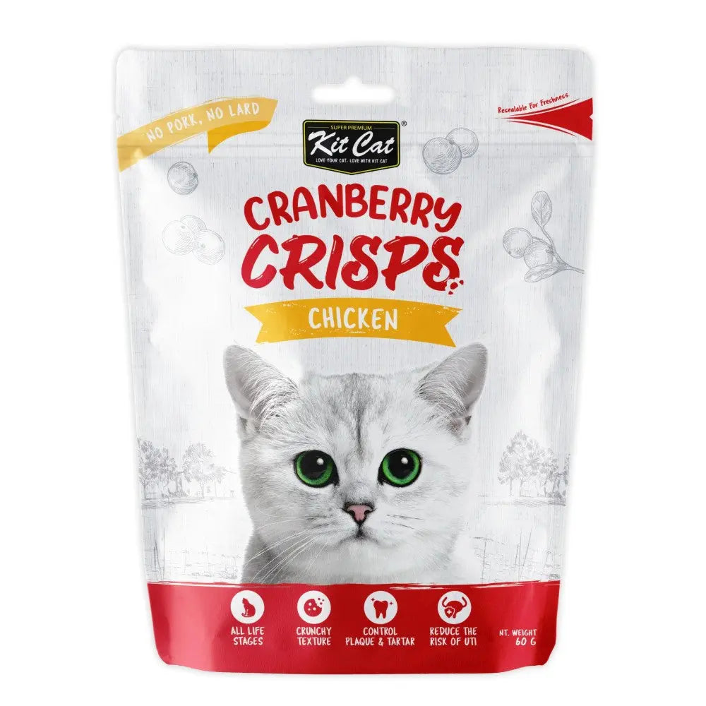 Kit Cat Cranberry Crisps for cats, chicken flavor, promotes dental health and suitable for all life stages.