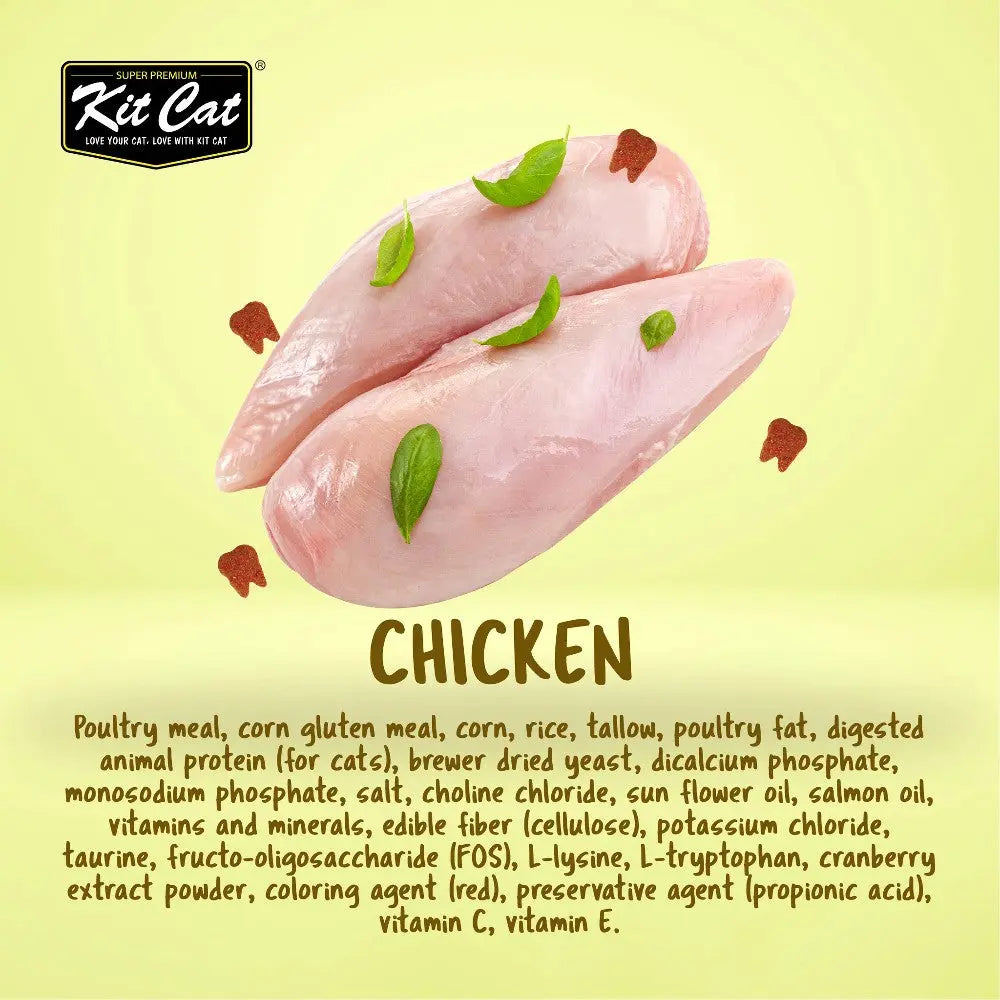 Chicken fillets with ingredients list for cat food, highlighting nutritional benefits and quality.