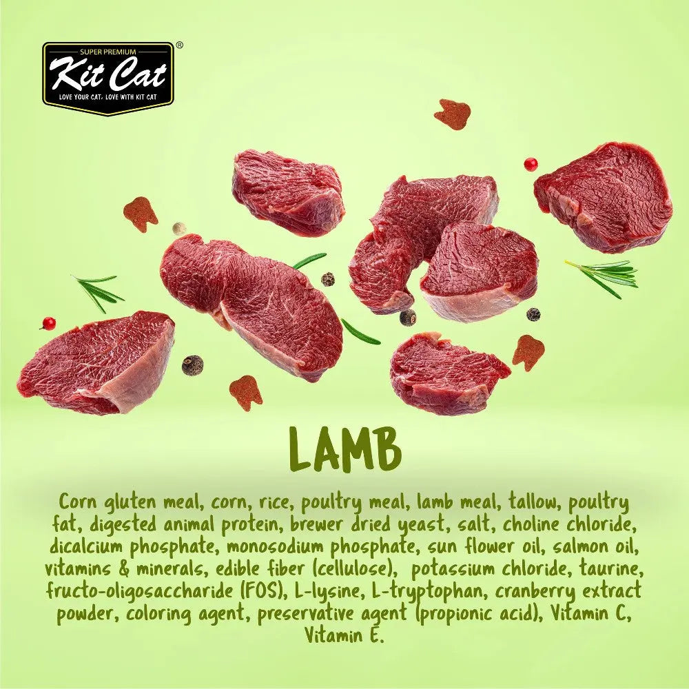 Lamb cat food ingredients with meat chunks, vitamins, and minerals on a green background.