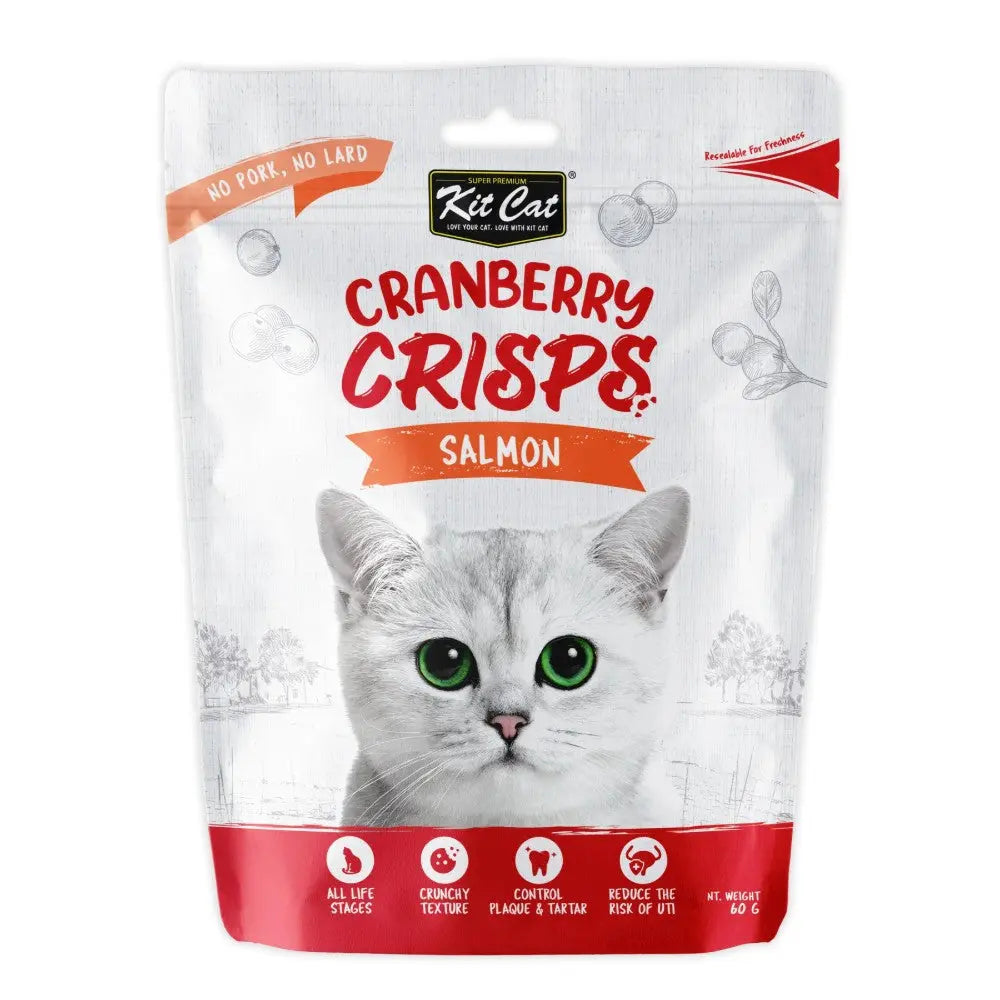Crispy salmon cat treats with cranberries for all life stages, promoting health and hydration.