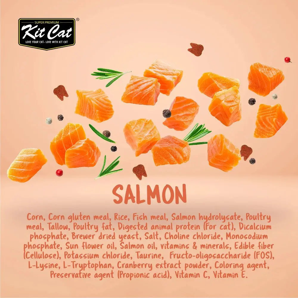 Salmon cat food ingredients with fish pieces, herbs, and nutritional information displayed attractively.