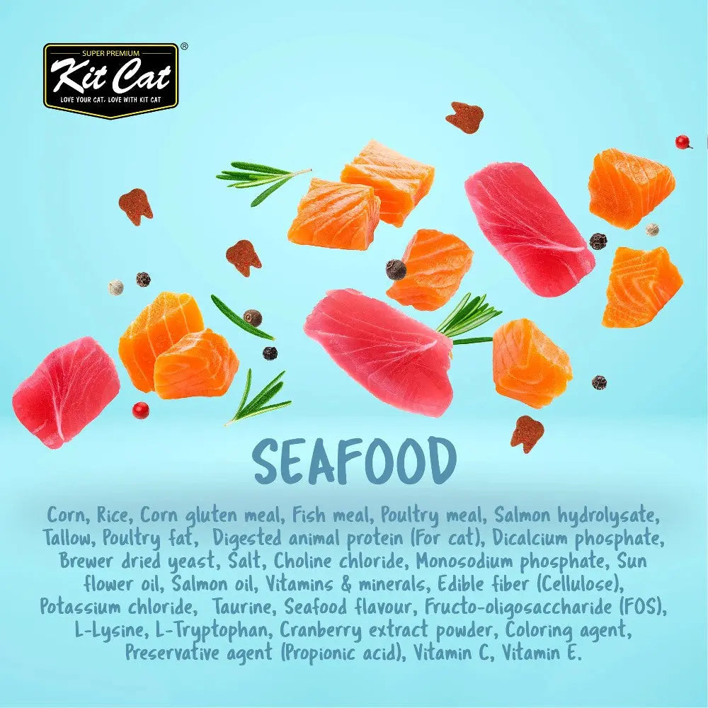 Seafood ingredients for premium cat food, featuring fish meal, salmon, and essential nutrients.