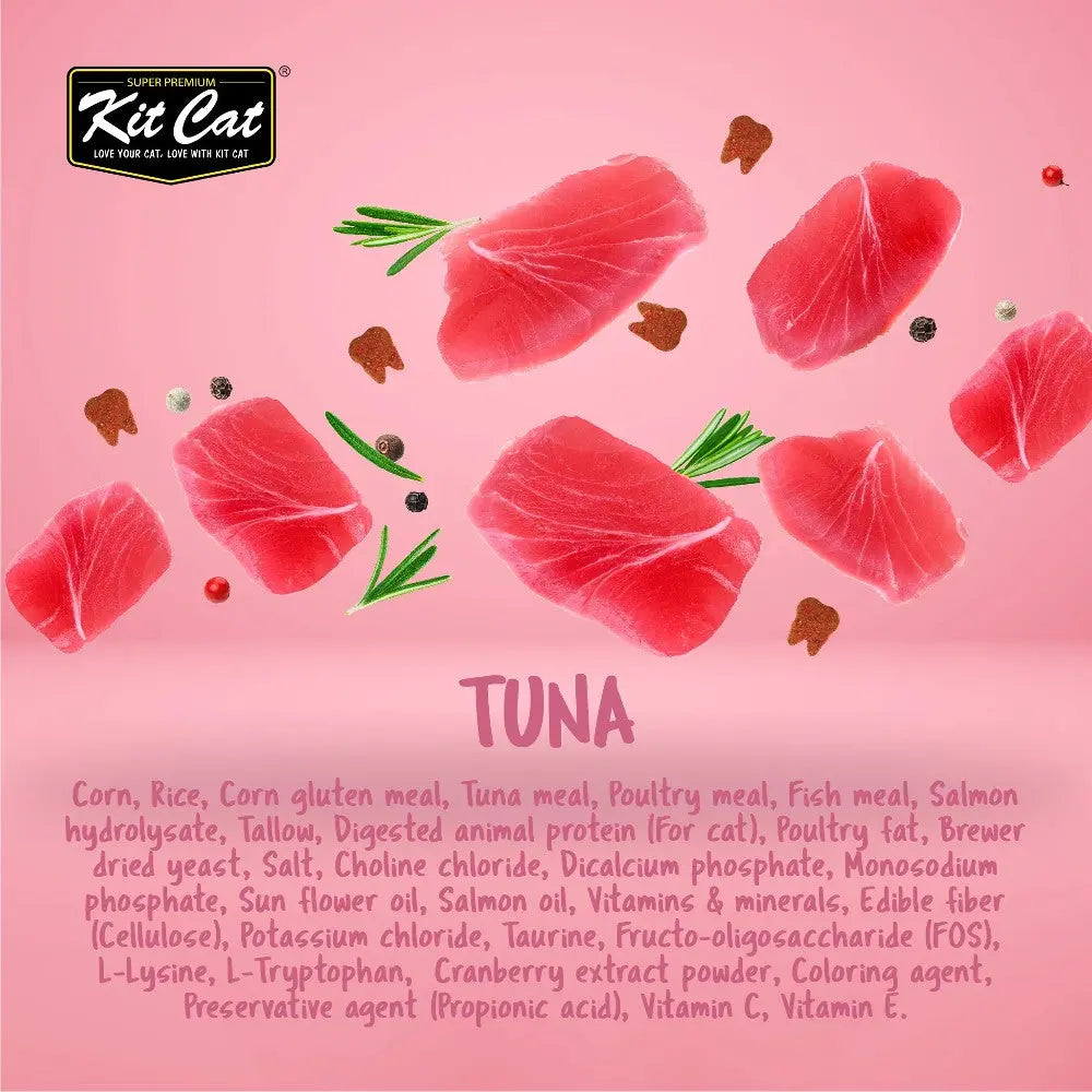 Tuna cat food packaging featuring fresh tuna chunks and ingredient list for optimal feline nutrition.