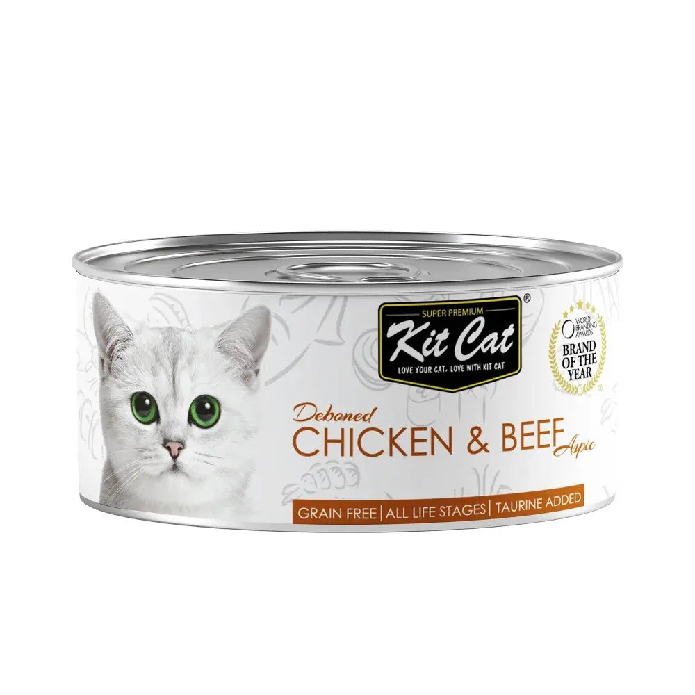 Kit Cat grain-free chicken and beef cat food can, featuring a playful cat design and taurine added for health.