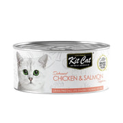 Premium Kit Cat canned food featuring chicken and salmon, grain-free for all life stages.