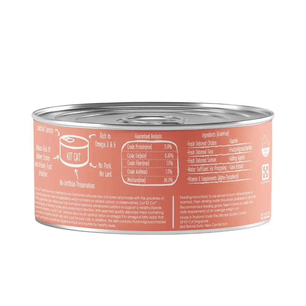 Kit Cat canned cat food with chicken, rich in omega 3 & 6, featuring a detailed ingredient label.