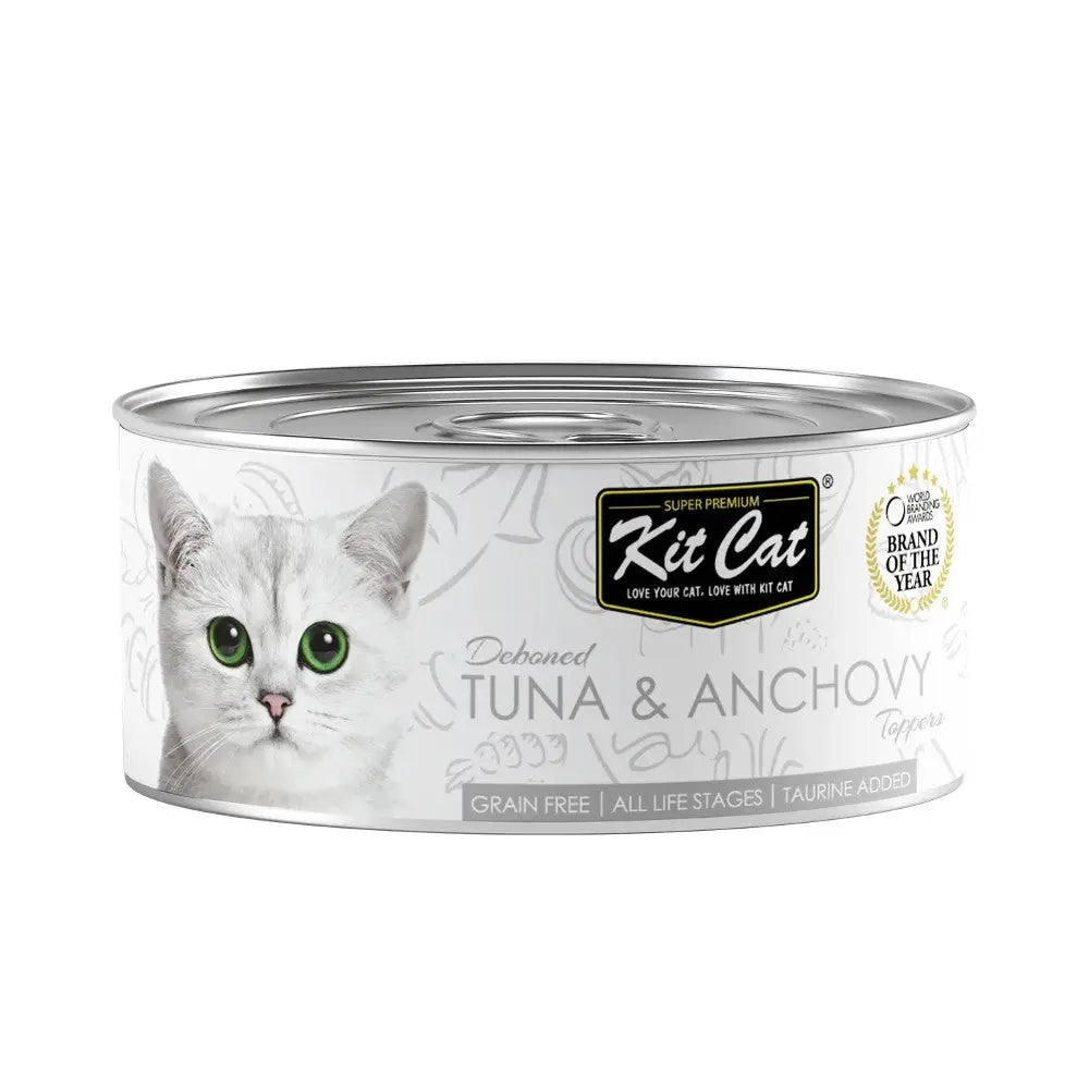 Premium cat food can featuring tuna and anchovy, suitable for all life stages, grain-free formula.