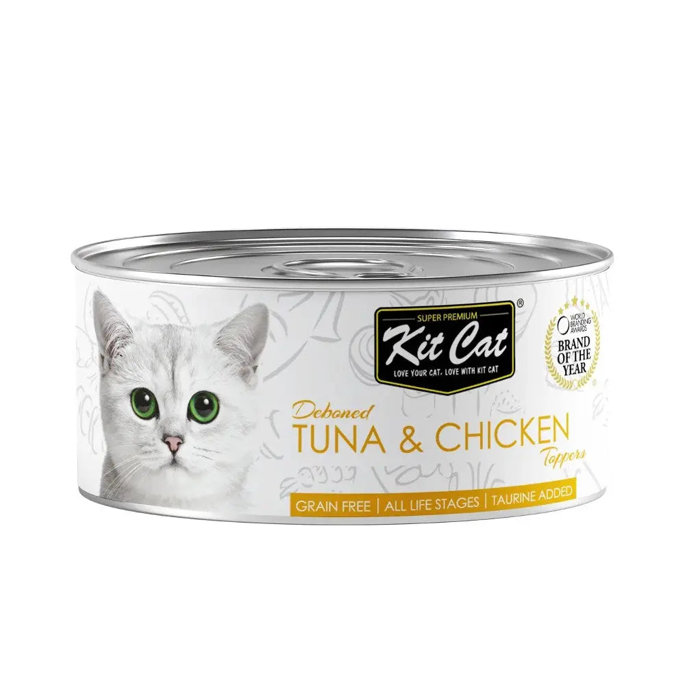 Premium grain-free cat food can featuring tuna and chicken, with a playful cat image on the label.