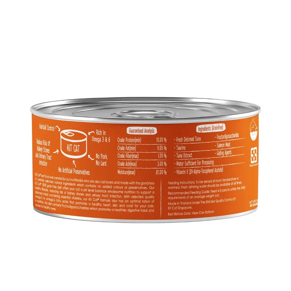 Kit Cat wet cat food can with omega-rich ingredients and feeding guidelines for optimal pet nutrition.