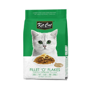 Premium Kit Cat Fillet O' Flakes cat food bag with a green design and a cat image, 1.2 kg packaging.