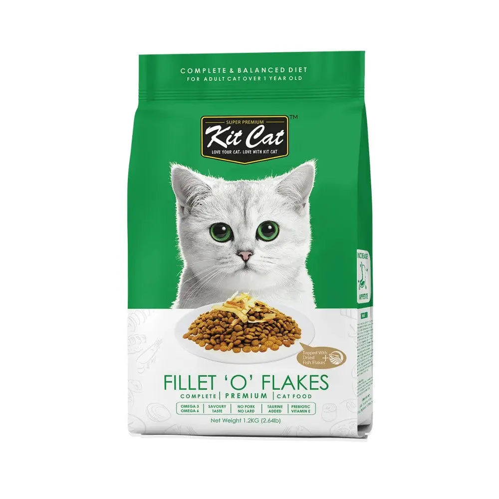 Premium Kit Cat Fillet O' Flakes cat food bag with a green design and a cat image, 1.2 kg packaging.