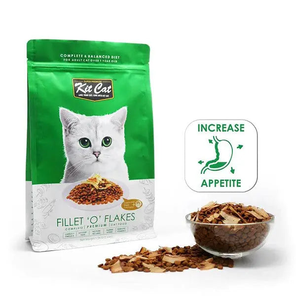 Kit Cat Fillet O' Flakes cat food bag with bowl of kibble, promoting increased appetite for adult cats.
