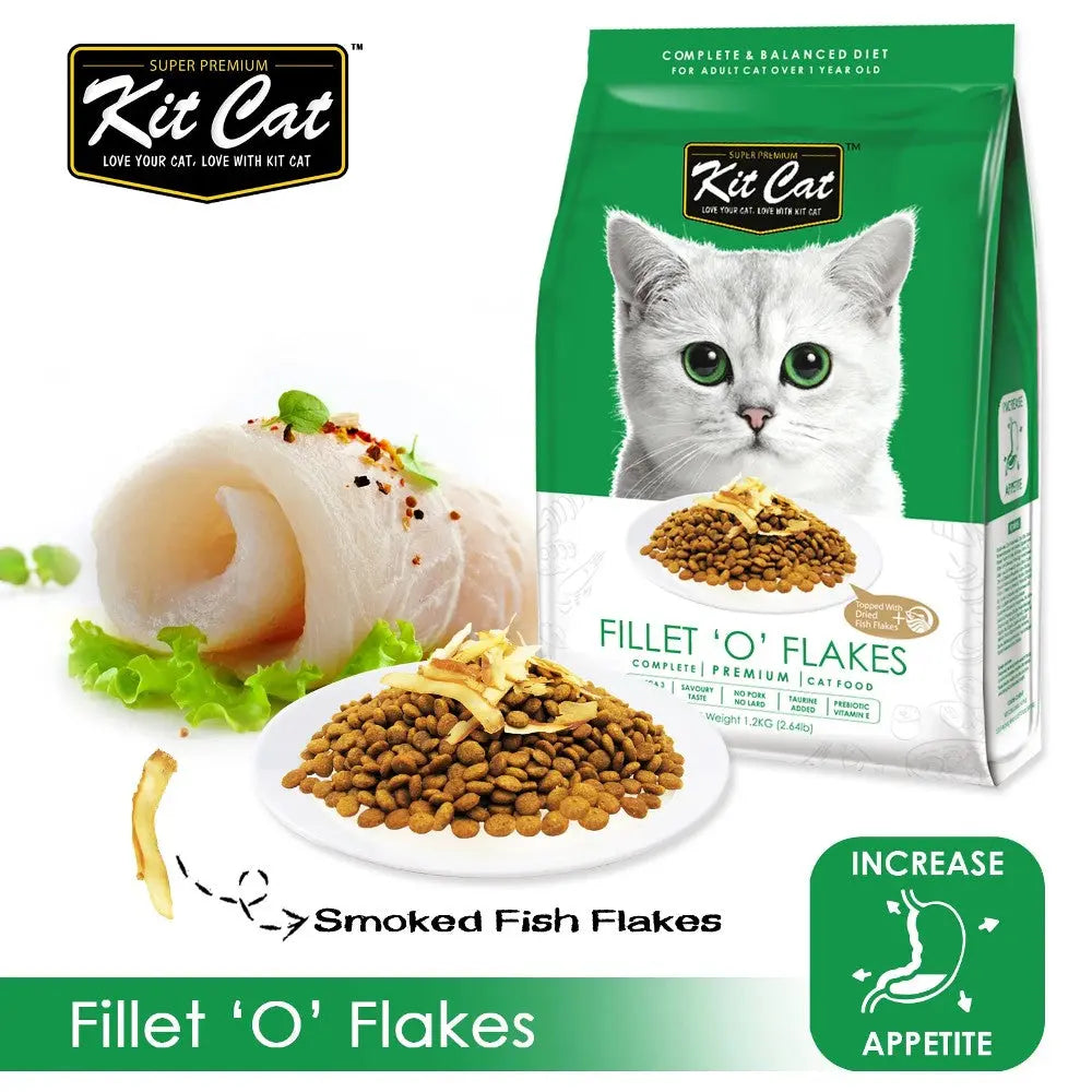 Kit Cat Fillet 'O' Flakes cat food with smoked fish flakes for enhanced appetite and premium nutrition.