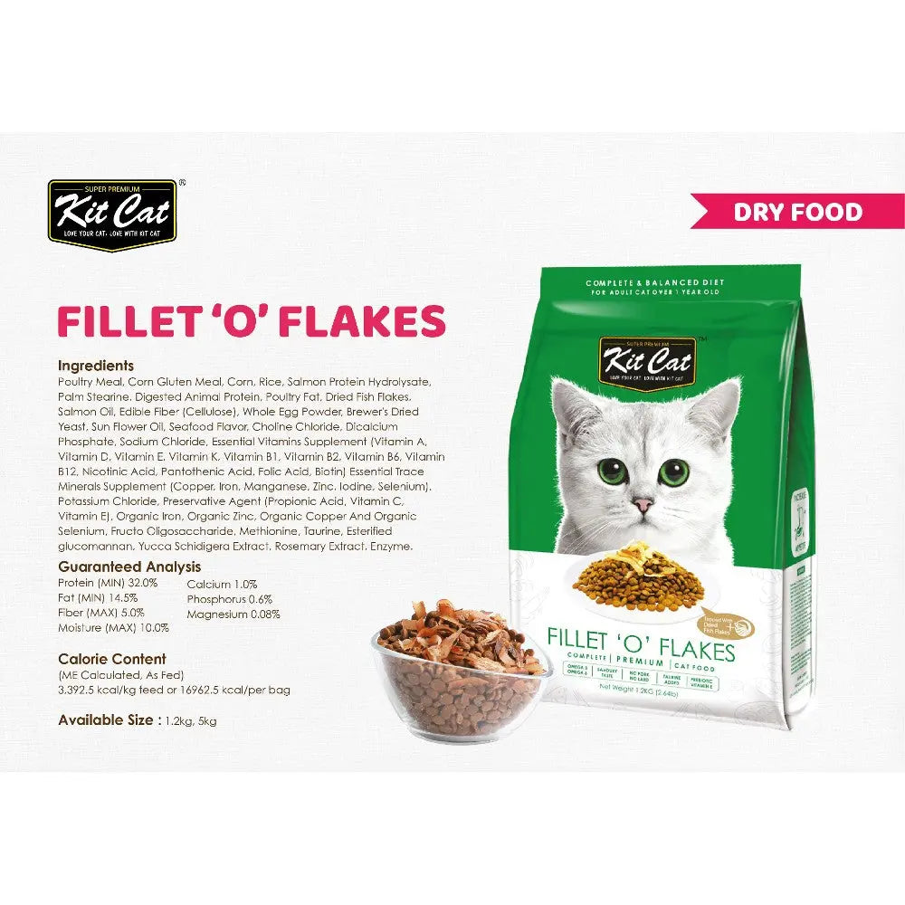 Kit Cat Fillet 'O' Flakes dry cat food packaging with ingredients and feeding guide.
